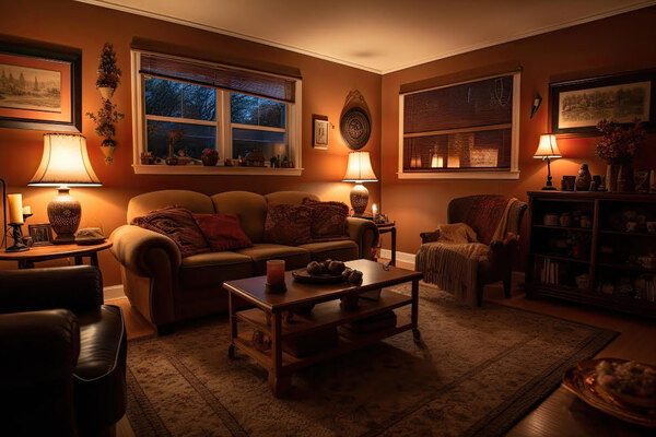 Cozy living room with a lamp and soft lighting in the evening